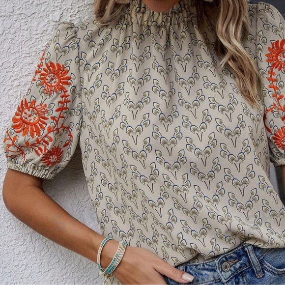 Boho Floral Embroidered Frill Neck Puff Sleeve Blouse S M L XL - Picture 2 of 2
